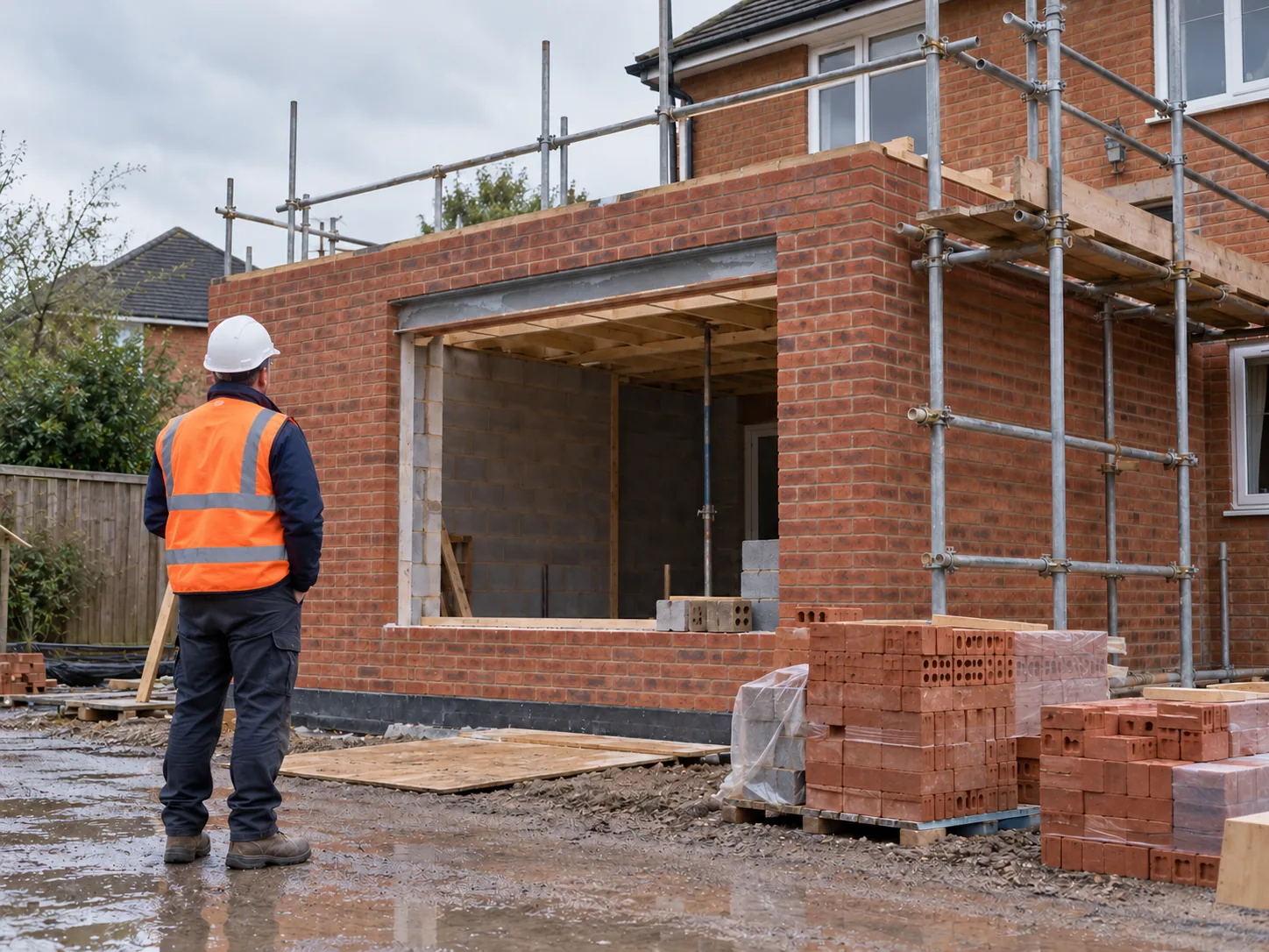 Illustration of a supervisor inspecting a brick extension under construction