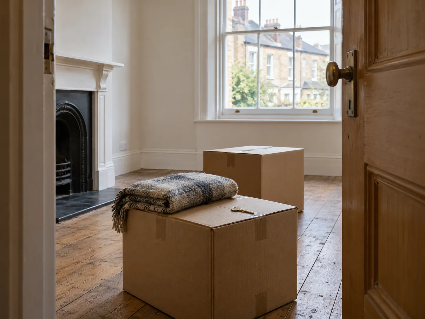 Illustration of moving boxes and a house key in an unfurnished terraced home