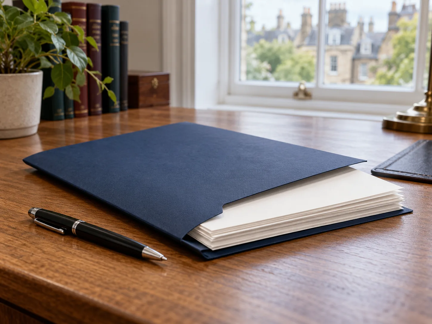 Illustration of a blue document folder and pen on a legal office desk
