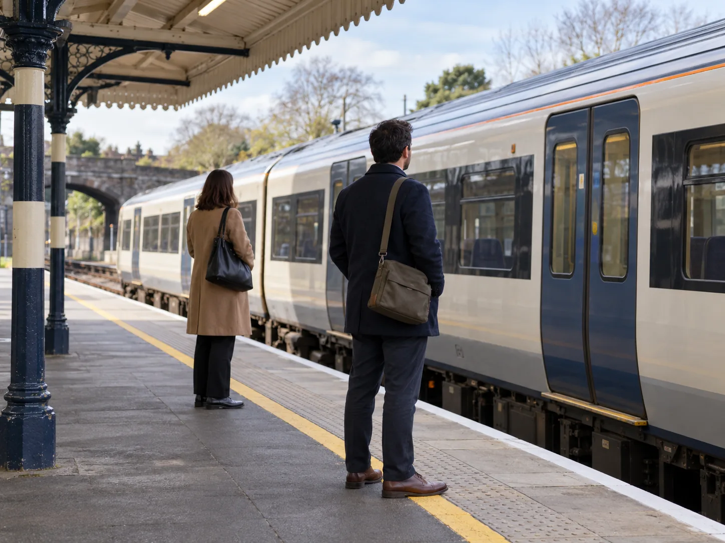 Illustration of two commuters waiting beside a train at a British railway platform