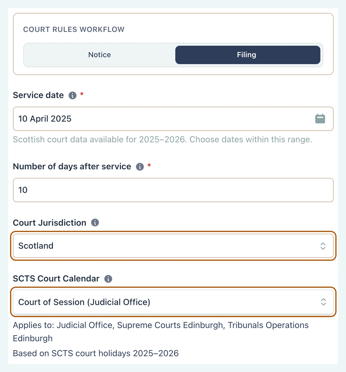 UK Court Rules Mode with the Court of Session Judicial Office selected