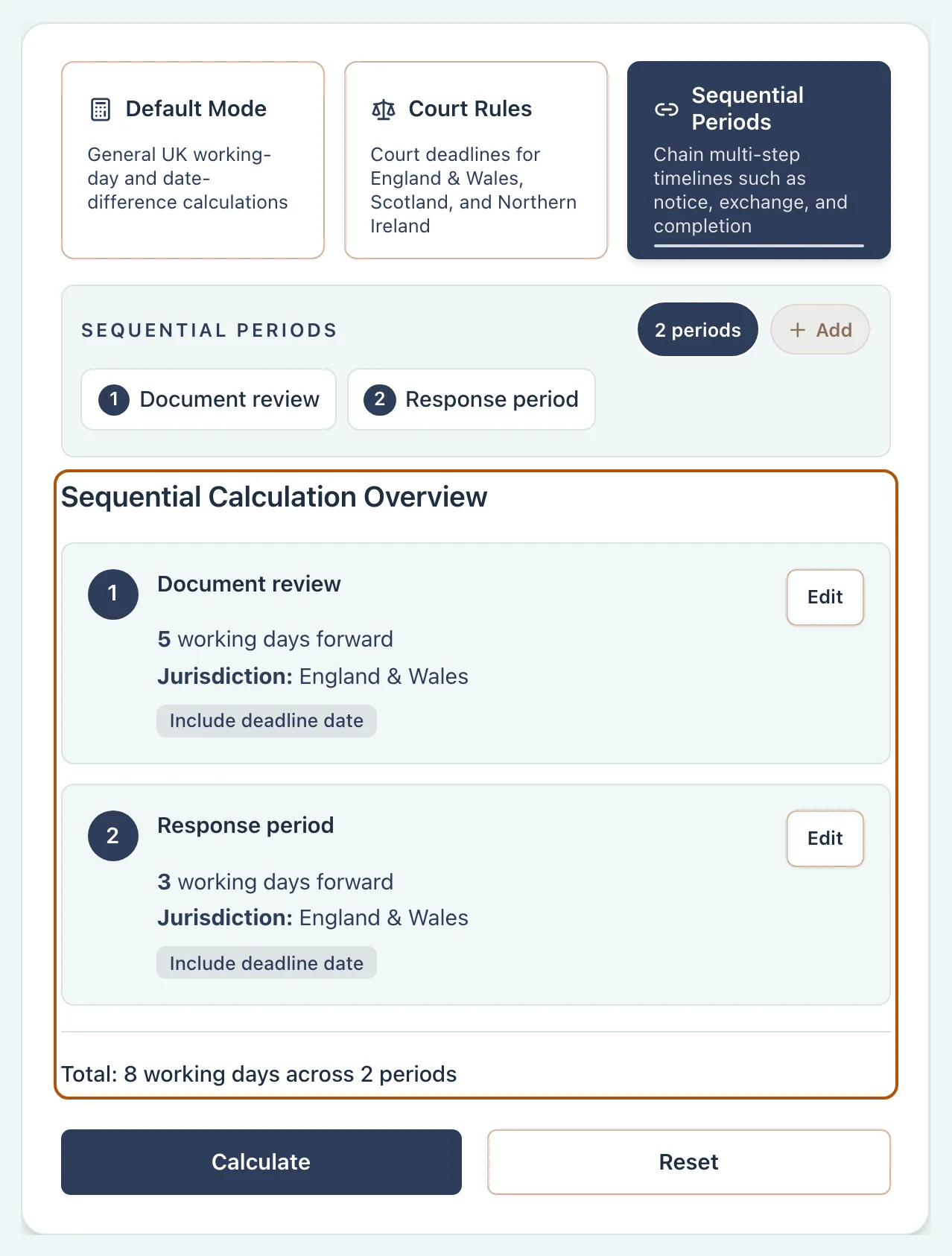 UK calculator showing a reviewed two-stage sequential calculation