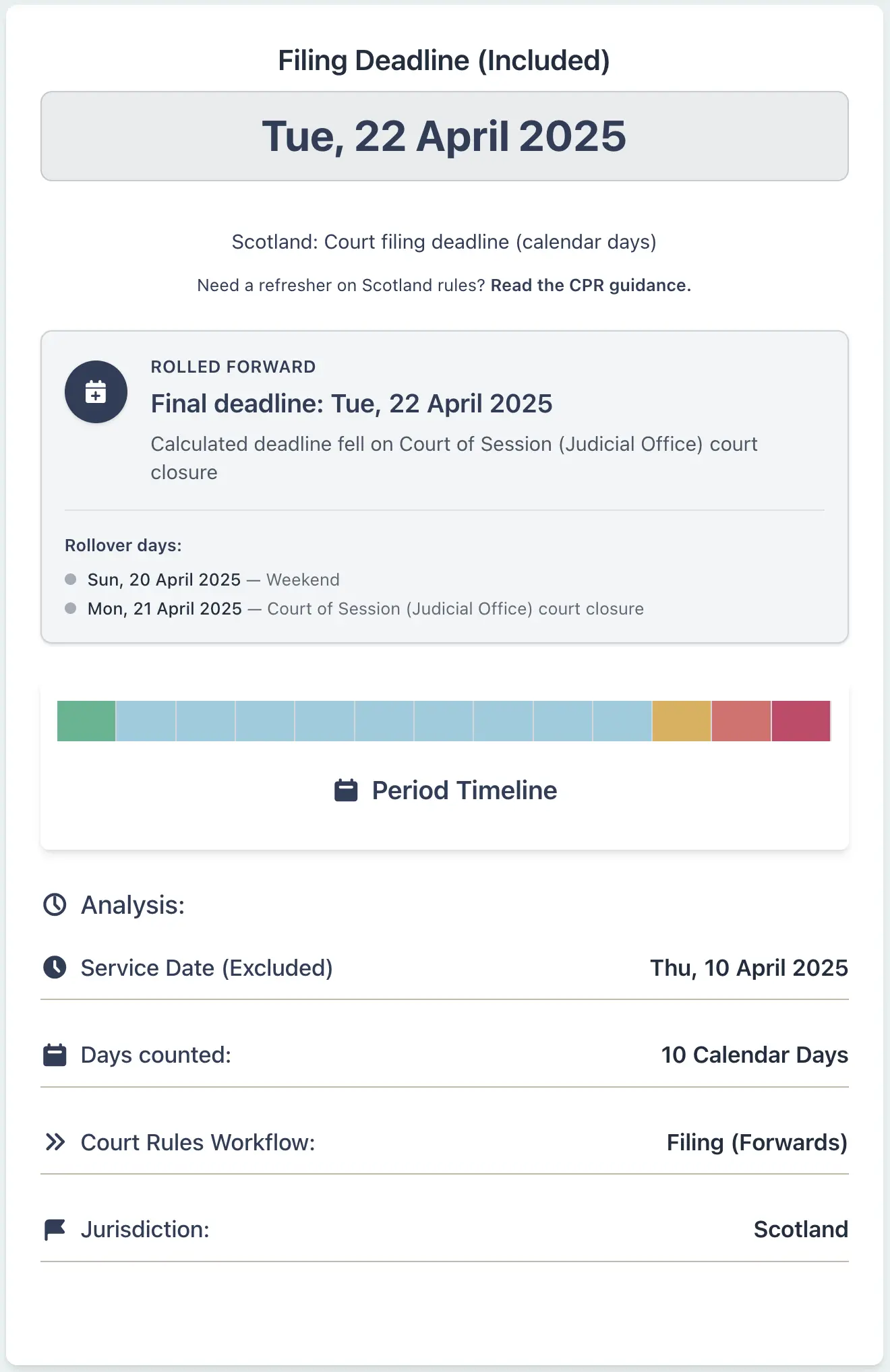 Calculator result showing Scottish court closure handling
