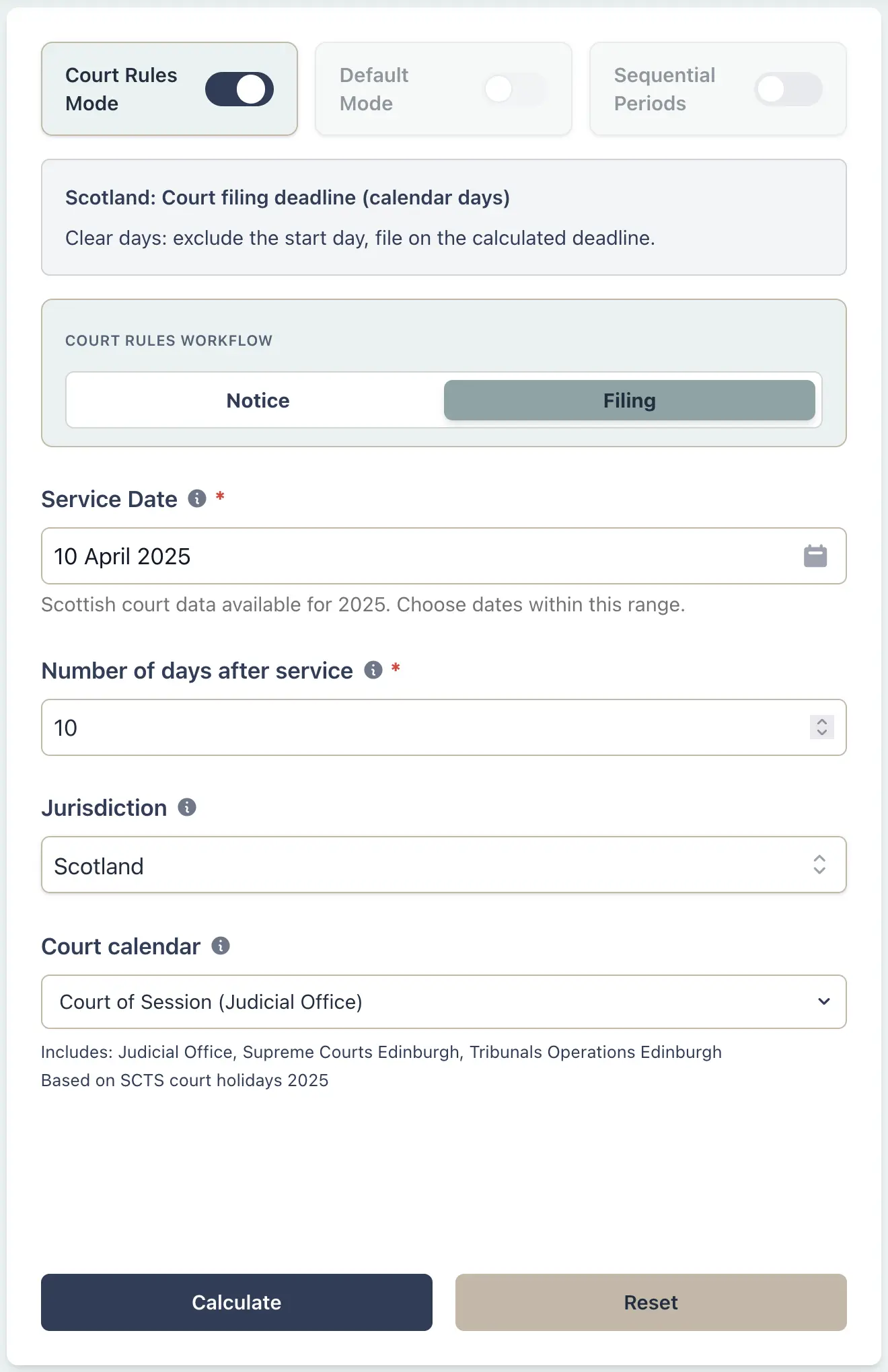 Calculator setup for Scottish court filing scenario