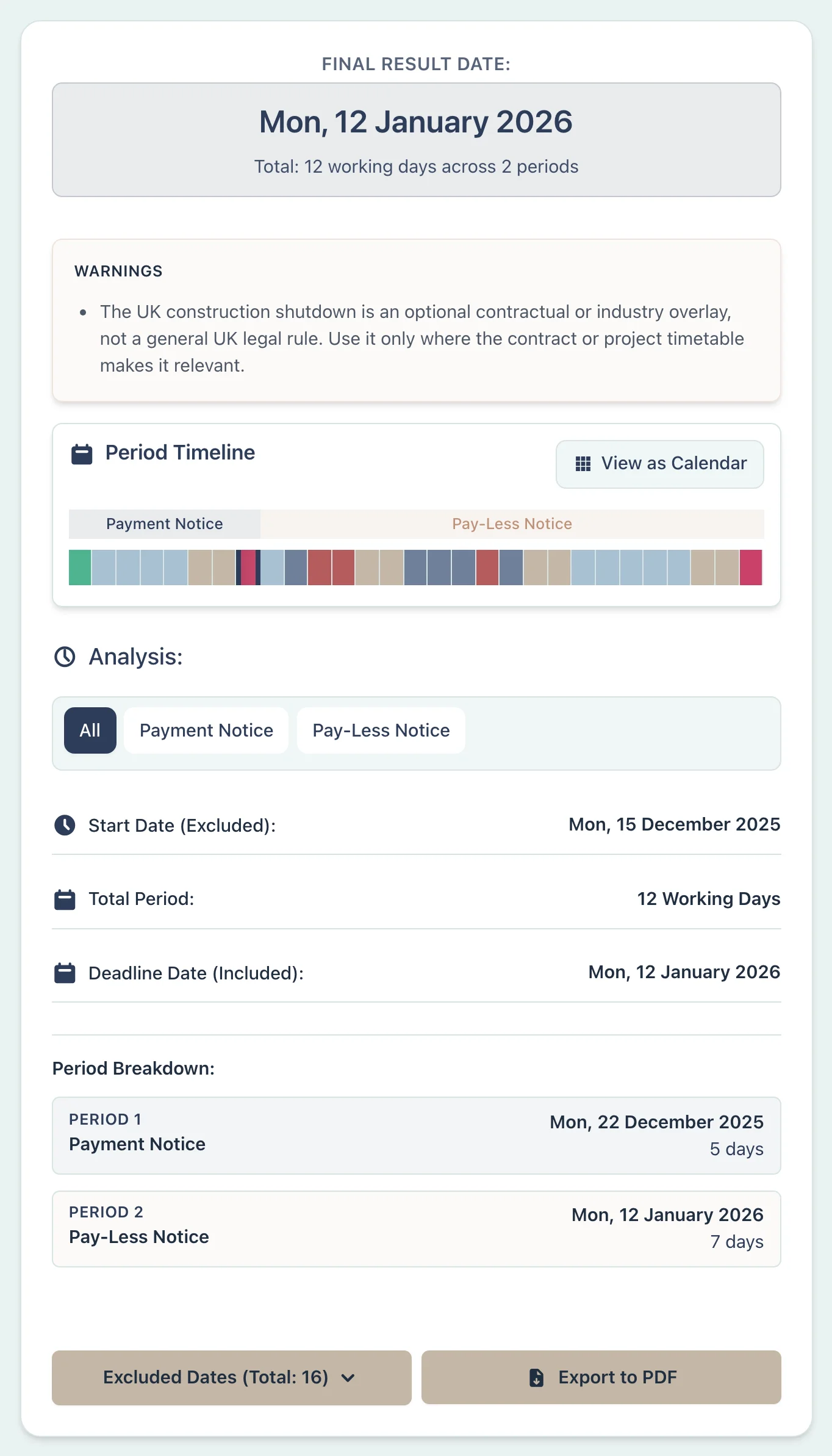 Calculator result for Construction Act payment deadlines