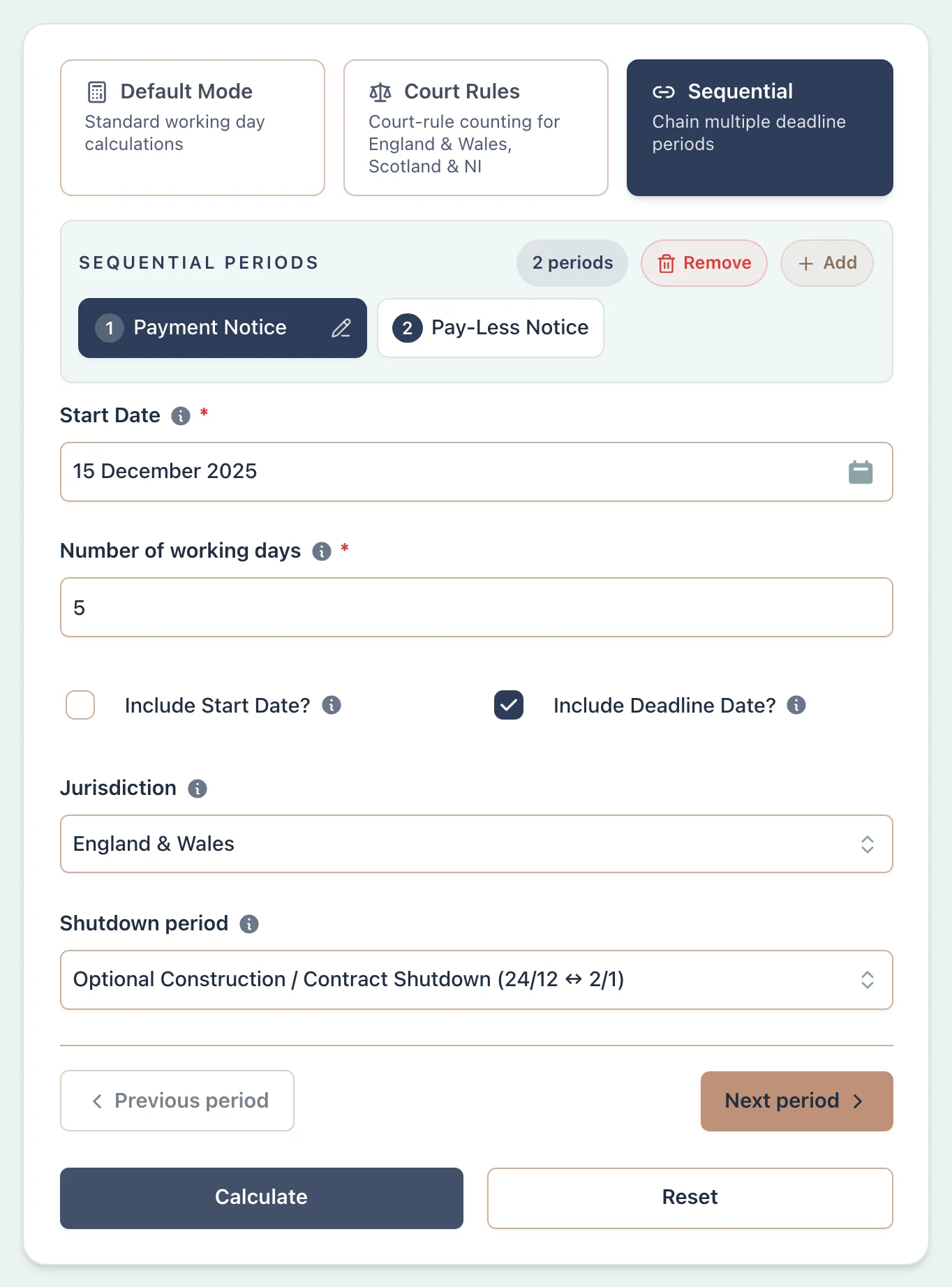 Calculator setup for Construction Act payment scenario