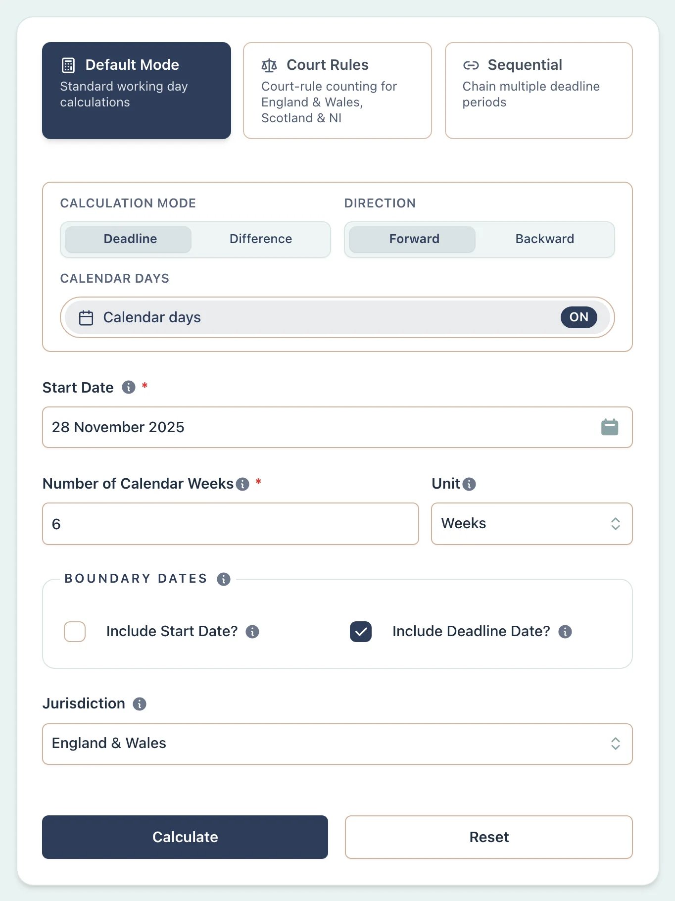 Calculator setup for UK employment notice period