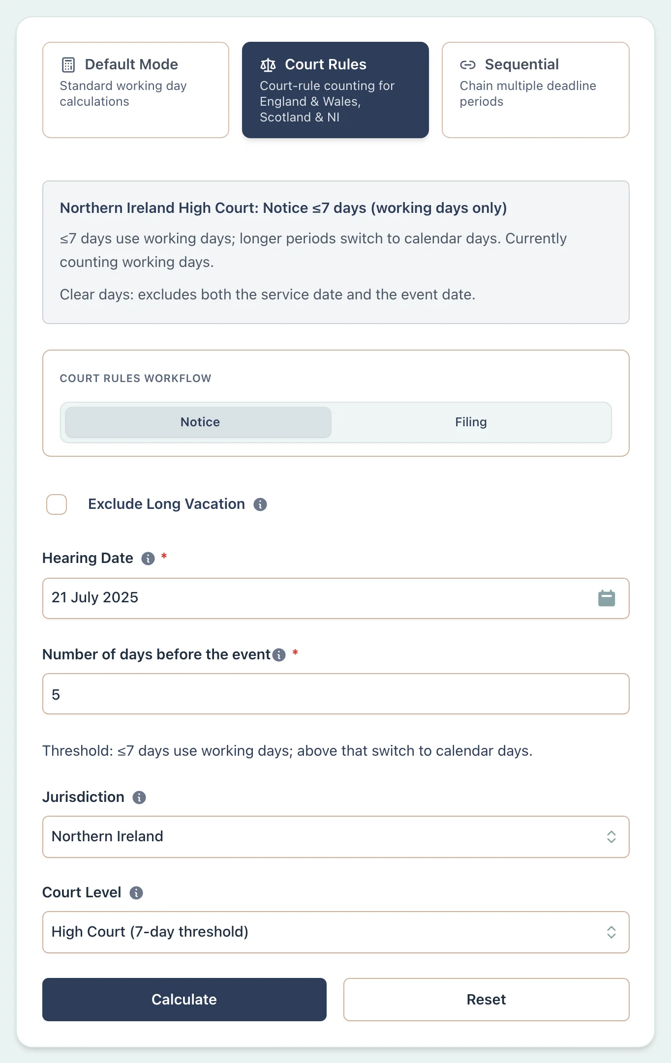 Calculator setup for Northern Ireland court notice scenario